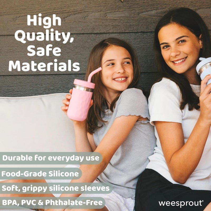 WeeSprout 2-in-1 Drinking Cups for Kids, Durable Stainless Steel Tumbler for Smoothies, Silicone Straws with Stoppers, Premium Plastic Twist Lids, Easy-Grip Sleeves, Set of 4 Dishwasher Safe Kid Cups - Image 4